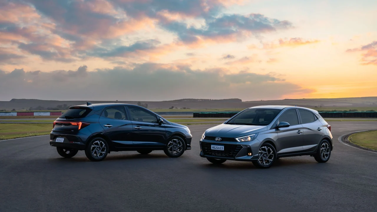 Foto de dois Hyundai HB20 em uma pista ao pôr do sol.