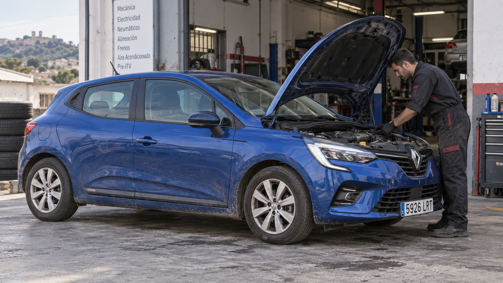Ilustración editorial creada con IA: mecánico revisando un Renault Clio azul de segunda mano en un taller español.