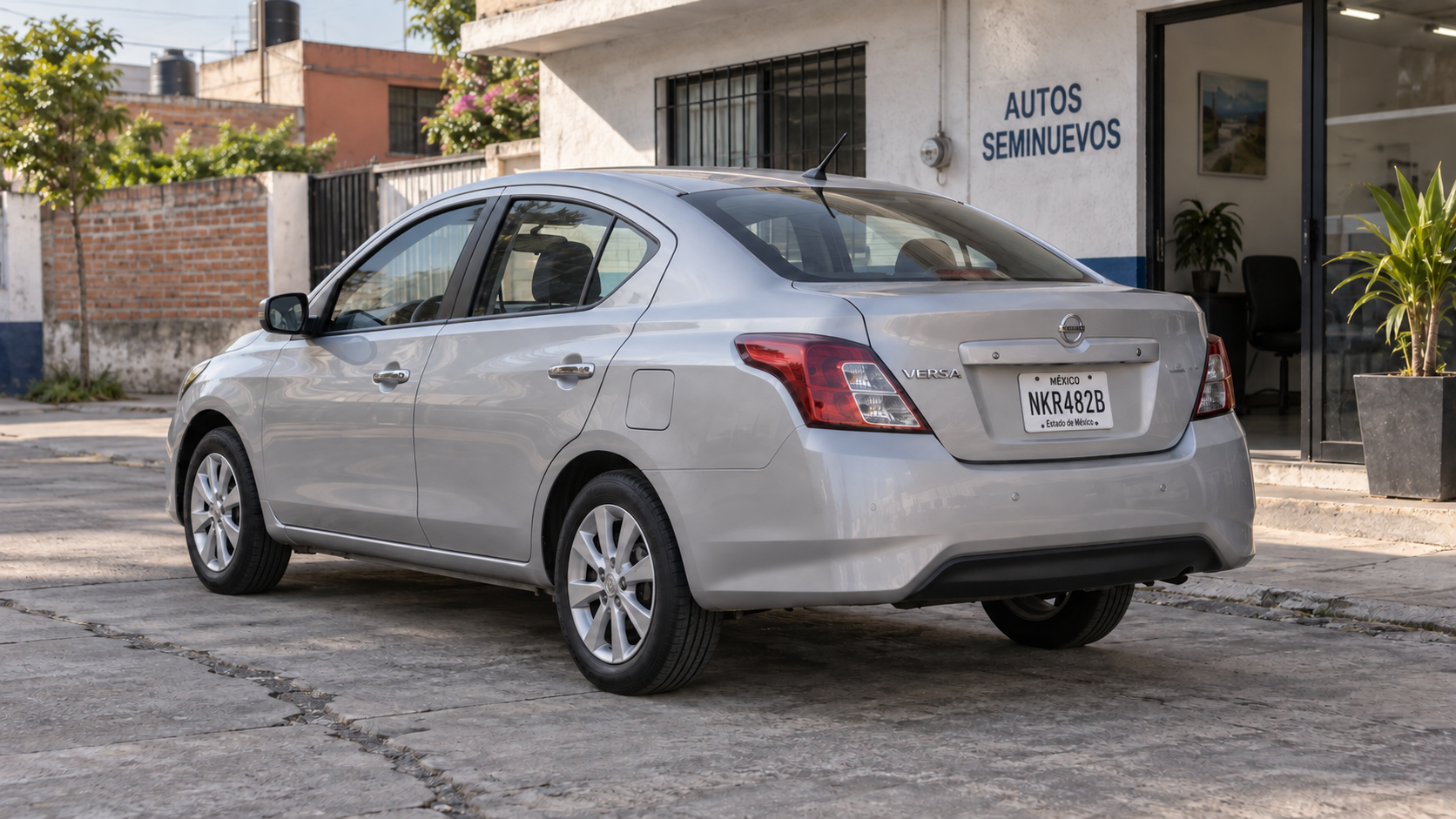 Ilustración editorial creada con IA: Nissan Versa plateado junto a un establecimiento de seminuevos en México.