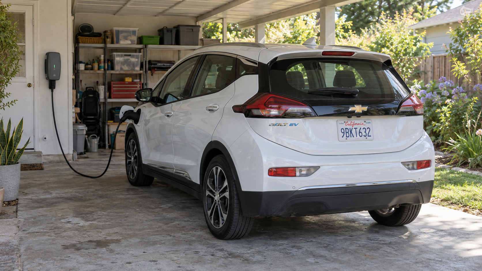 Editorial AI illustration: a Chevrolet Bolt EV connected to a home charger in a California carport.
