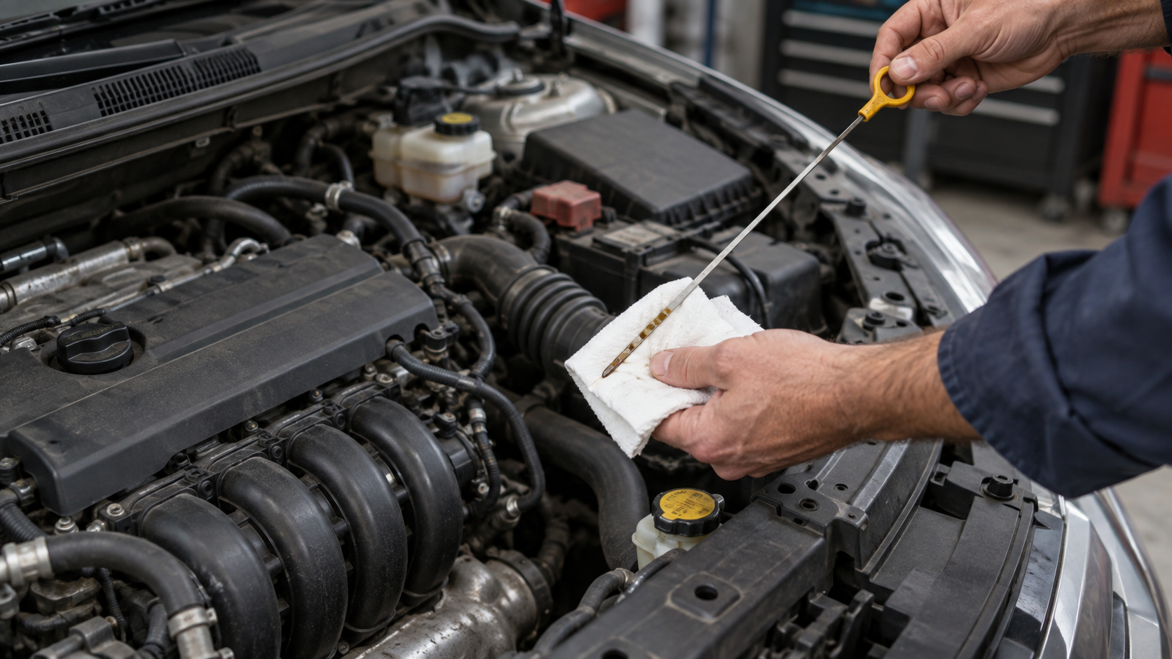 Editorial AI illustration: hands checking an engine oil dipstick with a clean cloth in an American workshop.